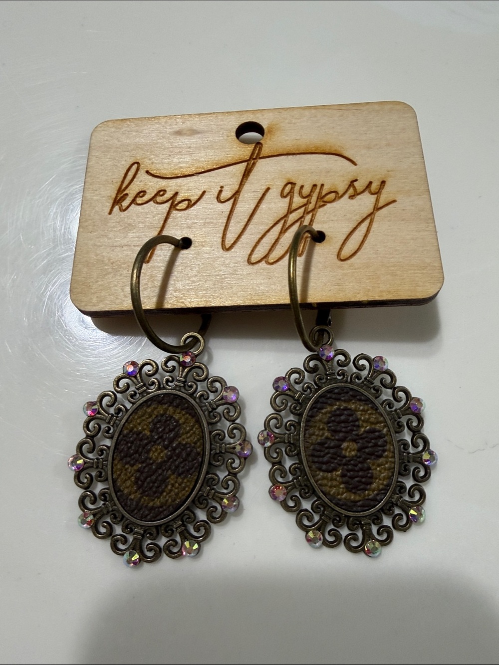 Keep It Gypsy Upcycled Bronze Filigree Oval Leather-Inlay Earrings in Brown